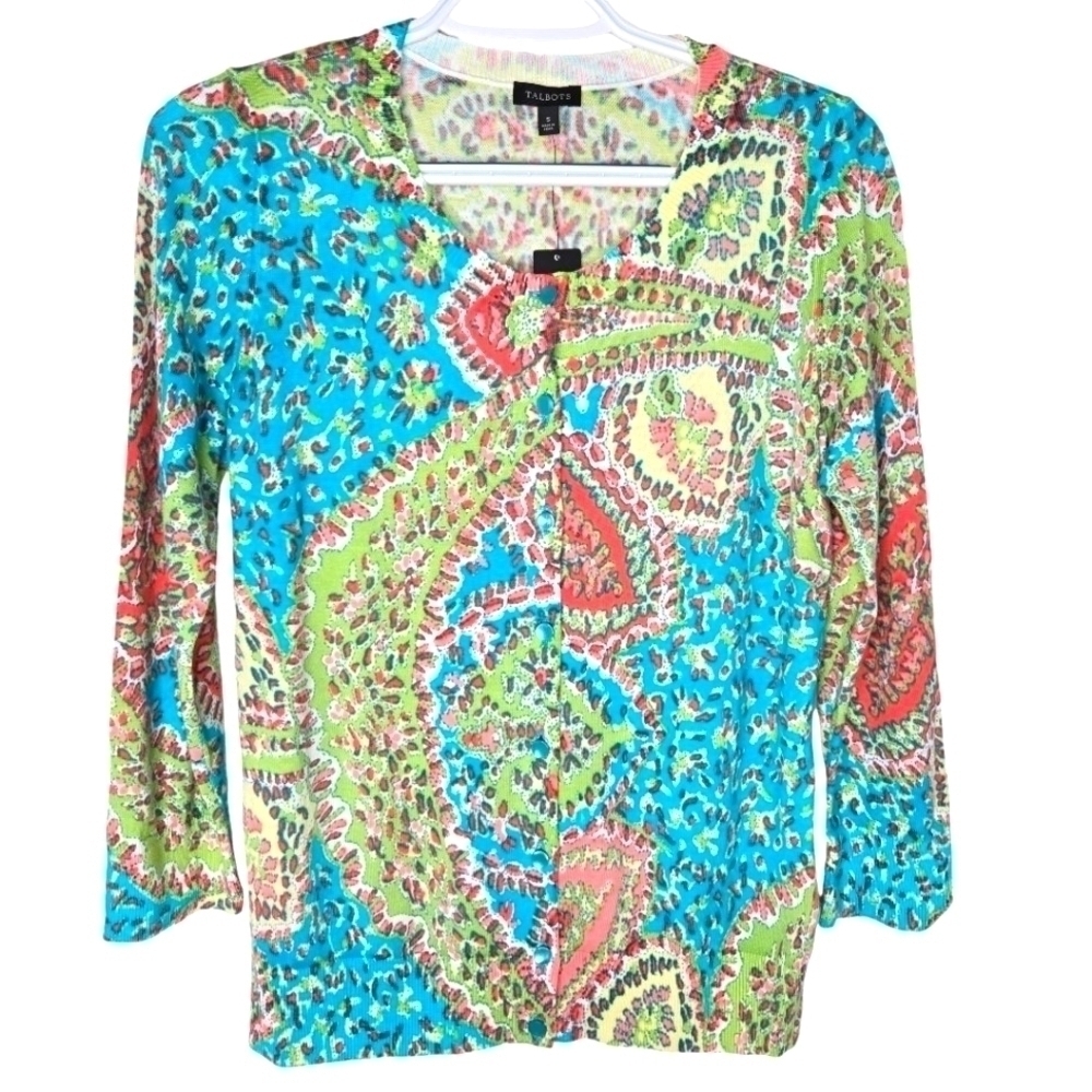 Talbots Vibrant Paisley Lightweight Cardigan in Turquoise, Lime & Coral